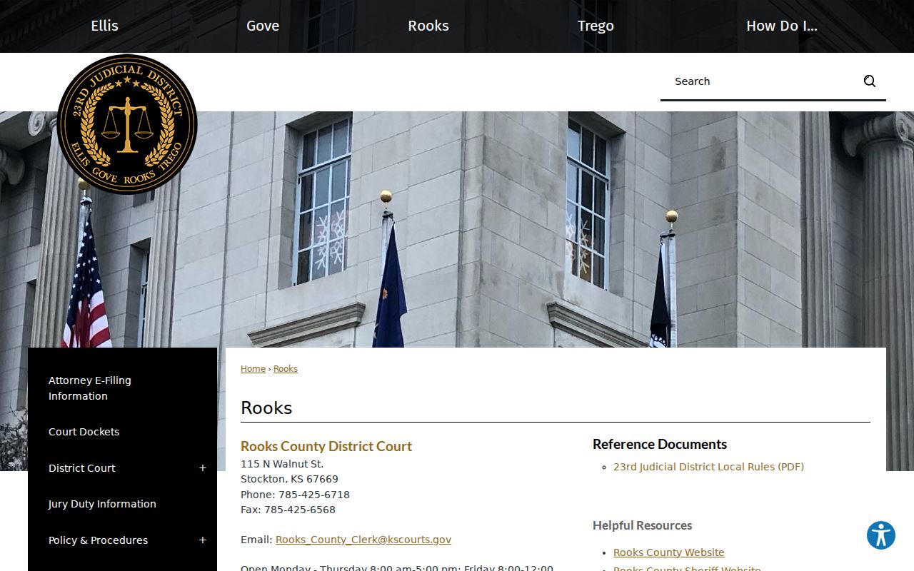 Official Rooks County District Court page with clerk contact details